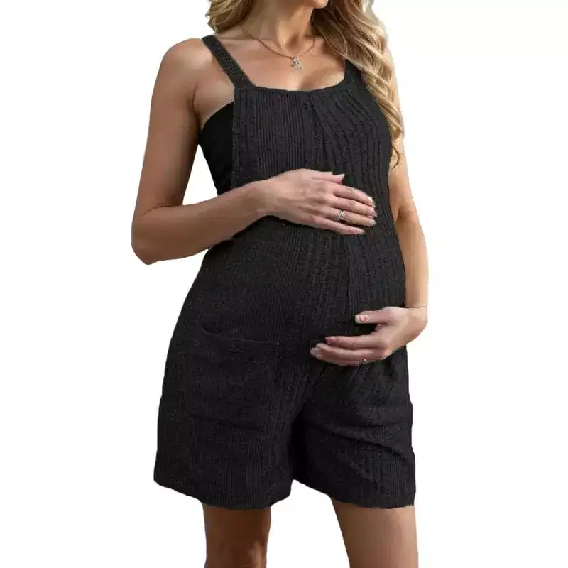 Coolmee Women's Maternity Overalls Shorts Ribbed Knit Solid Pregnancy Casual Sleeveless Jumpsuits Romper for Pregnancy with Pockets L Black