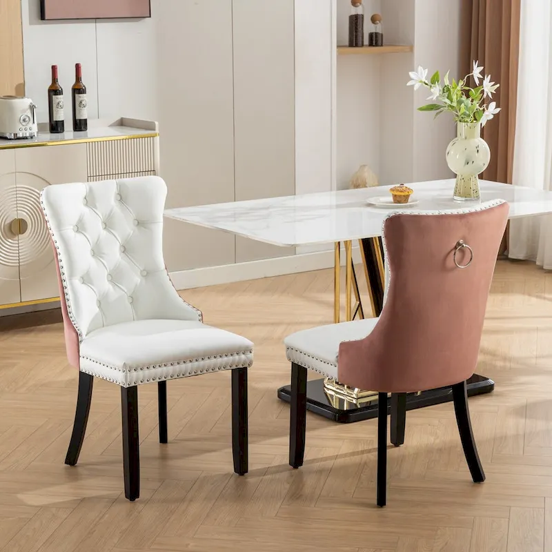 Set of 2 PU & Velvet Upholstered Dining Chairs &ndash; Nailhead Trim, Solid Wood Legs