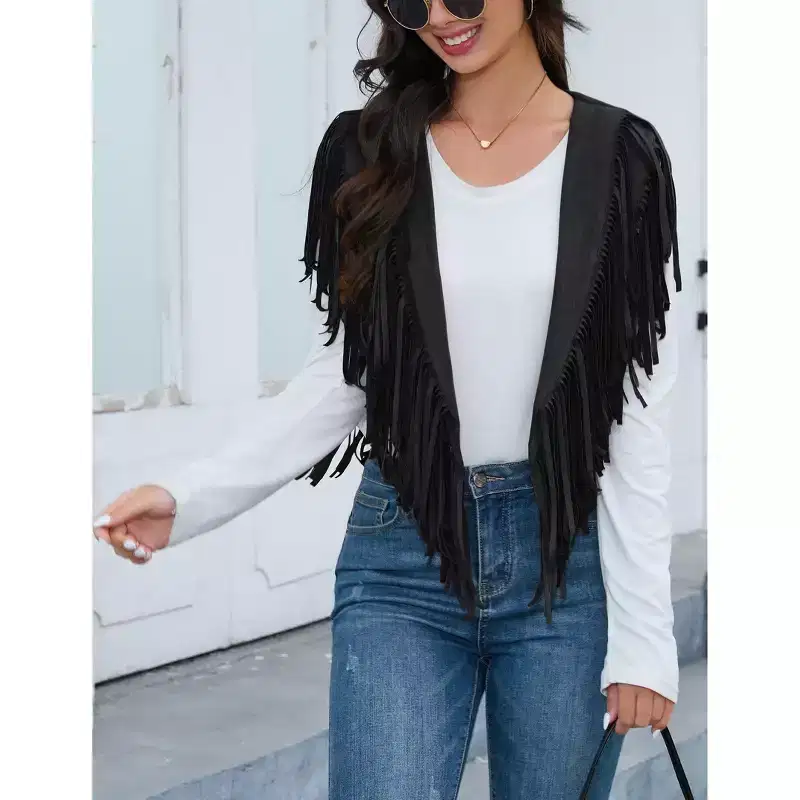 Coolmee Women's Casual Tassel Shawl Waistcoats Solid Sleeveless Fringe Shawl Open Front Cropped Boho Western Shawl Cardigan M Black