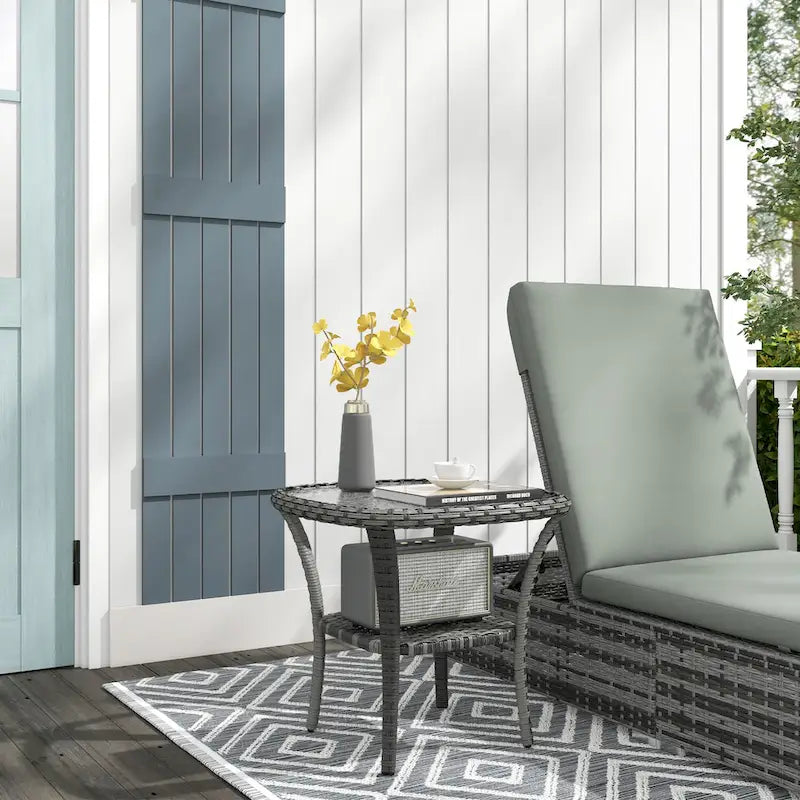 Rattan Coffee Table with Storage Shelf, Wicker Side Table with Glass Top, Outdoor End Table