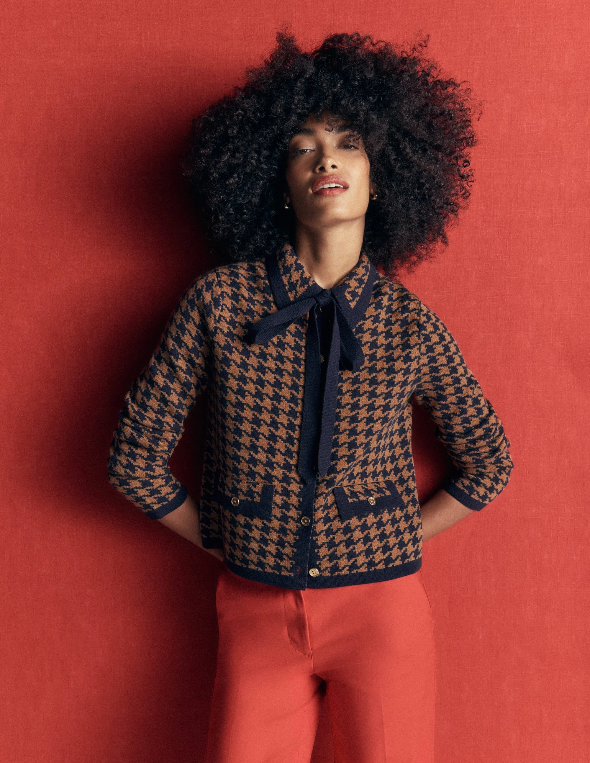 Bow Knitted Jacket-Camel, Dogstooth