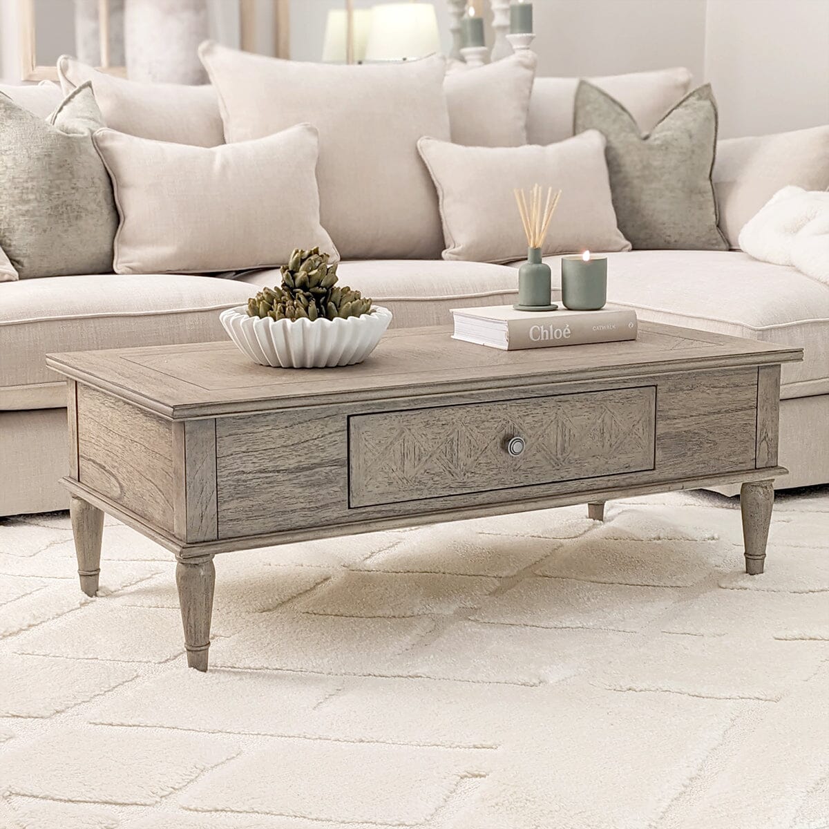 Natural Wood Push Drawer Coffee Table