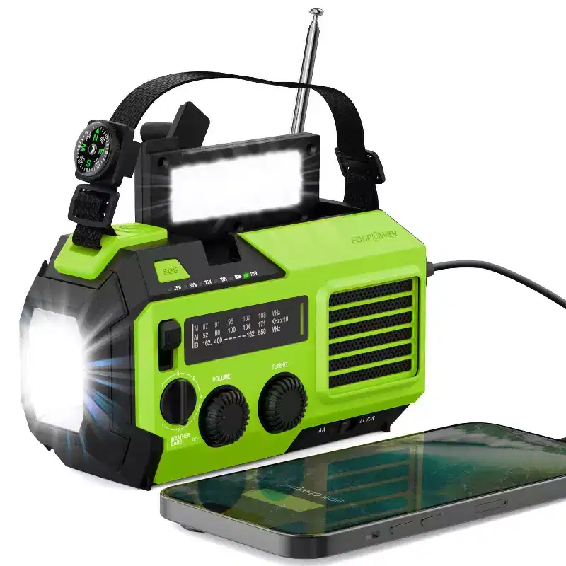 FosPower Emergency Solar Hand Crank Radio for with AM/FM/WB Flashlight, Reading Lamp, Weather SOS Alarm, IPX3 & 5,200mAh Power Bank - Lime Green
