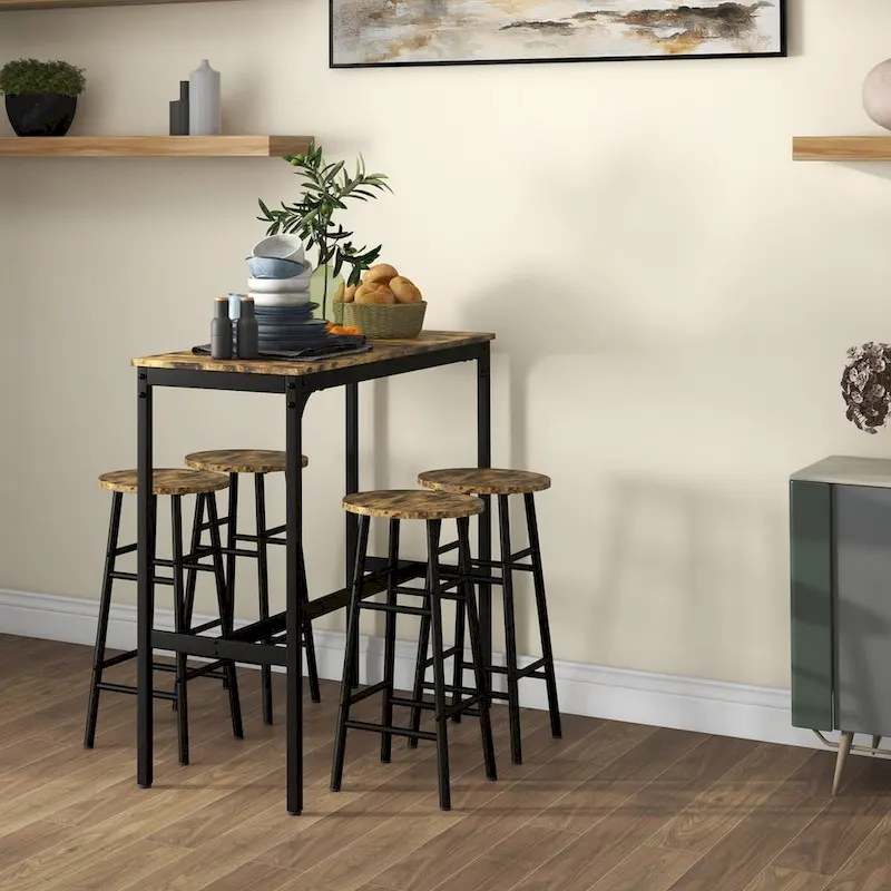 HOMCOM Bar Table Set for 4, Industrial High Top Table with Bar Stools, 5-Piece Small Kitchen Table and Chairs for Pub