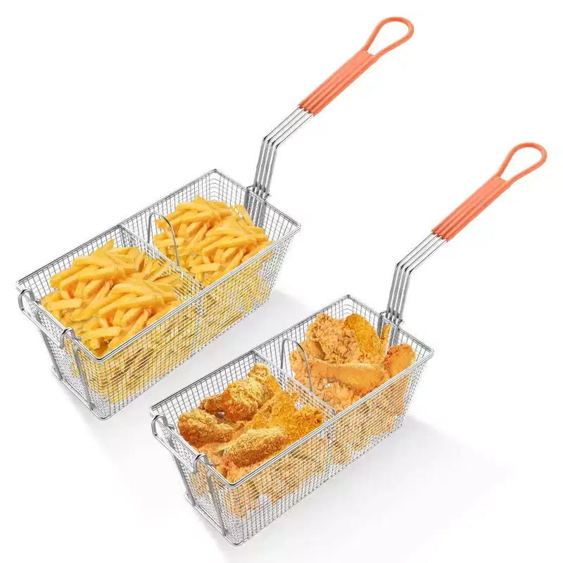 WeChef 2 Packs Deep Fryer Basket with Divider Heavy Duty Construction Fryer Basket with Non-slip Handle for Commercial Restaurant Roadside Stall Red