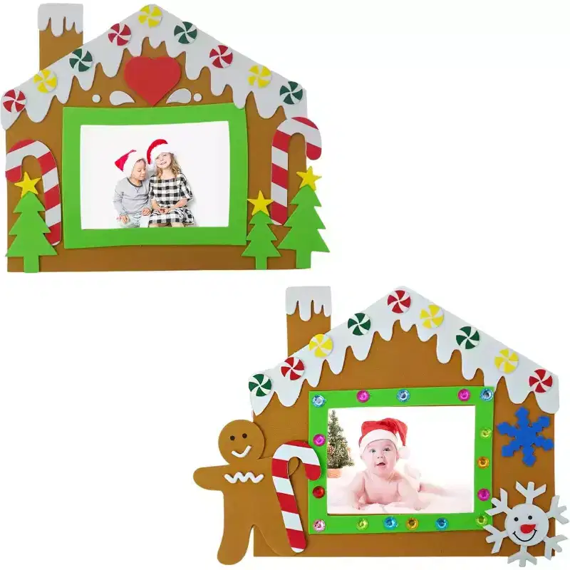 4E's Novelty 4 Pack 2 Designs Foam Gingerbread House Picture Frame Craft, Self-Adhesive Gingerbreads House Kit with Magnets for Christmas Photo Frames