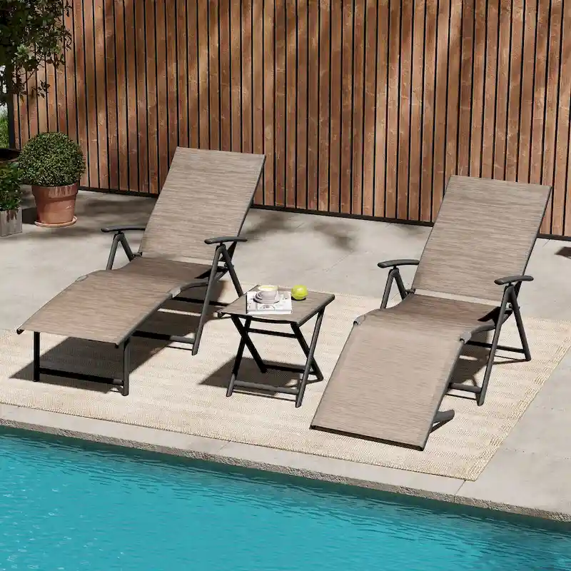 VredHom Outdoor Portable Folding Chaise Lounge Chair with Table (Set of 3) - 70 L x 20 W x 14 H