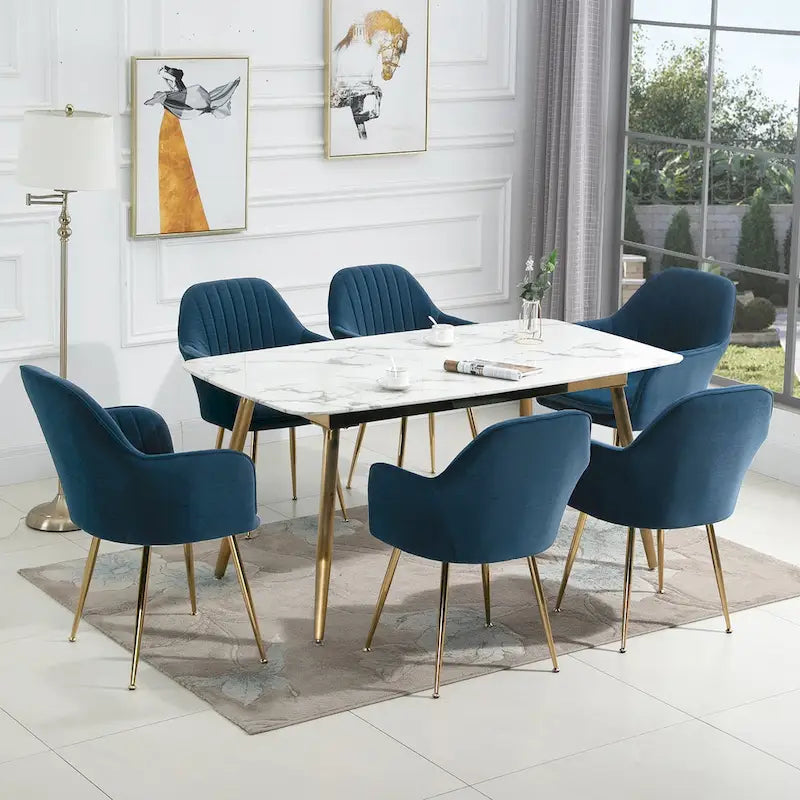 Velvet Upholstered Dining Arm Chair with Golden Legs (Set of 6)