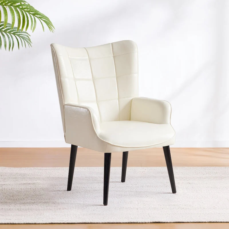 Mid-Century Modern Accent Chair &ndash; Cream, PU Leather, Solid Wood Legs, Seats 1