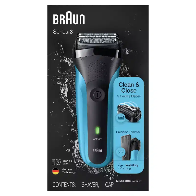 BRAUN SERIES 3-310S MEN'S RECHARGEABLE WET & DRY ELECTRIC FOIL SHAVER: Face & Neck Application, Includes Charger & Protective Cover