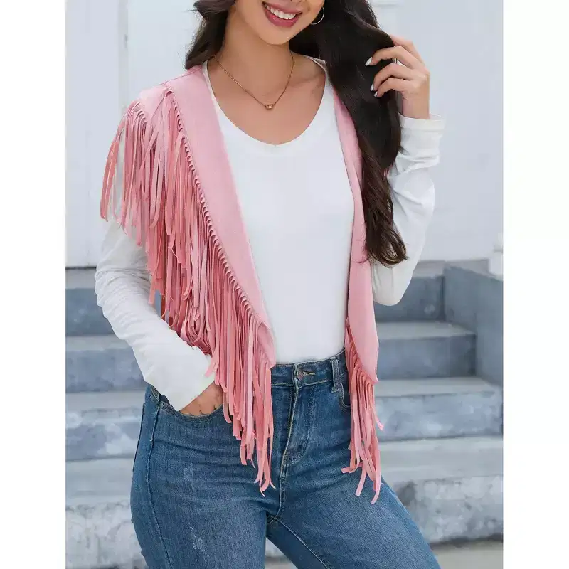 Coolmee Women's Casual Tassel Shawl Waistcoats Solid Sleeveless Fringe Shawl Open Front Cropped Boho Western Shawl Cardigan 2XL Skin Pink