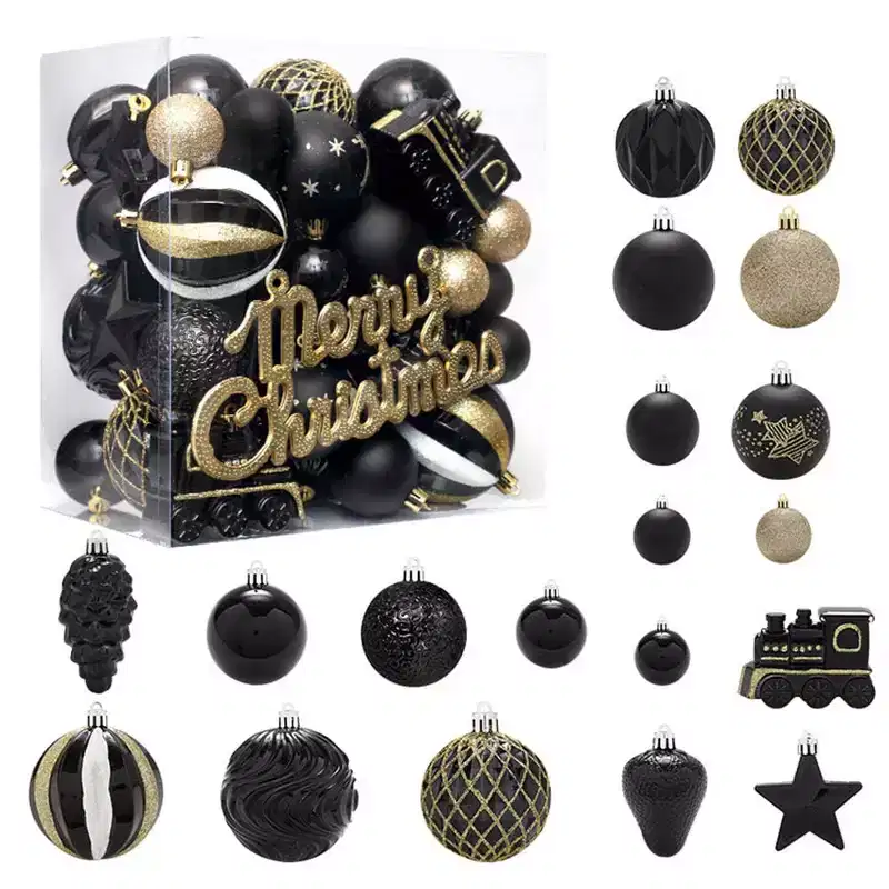 65 PCS Holiday Balls Ornaments Set, Shatterproof Plastic Decorative Baubles Includes Stars & Train for Xmas Tree Decor Holiday Party Decoration
