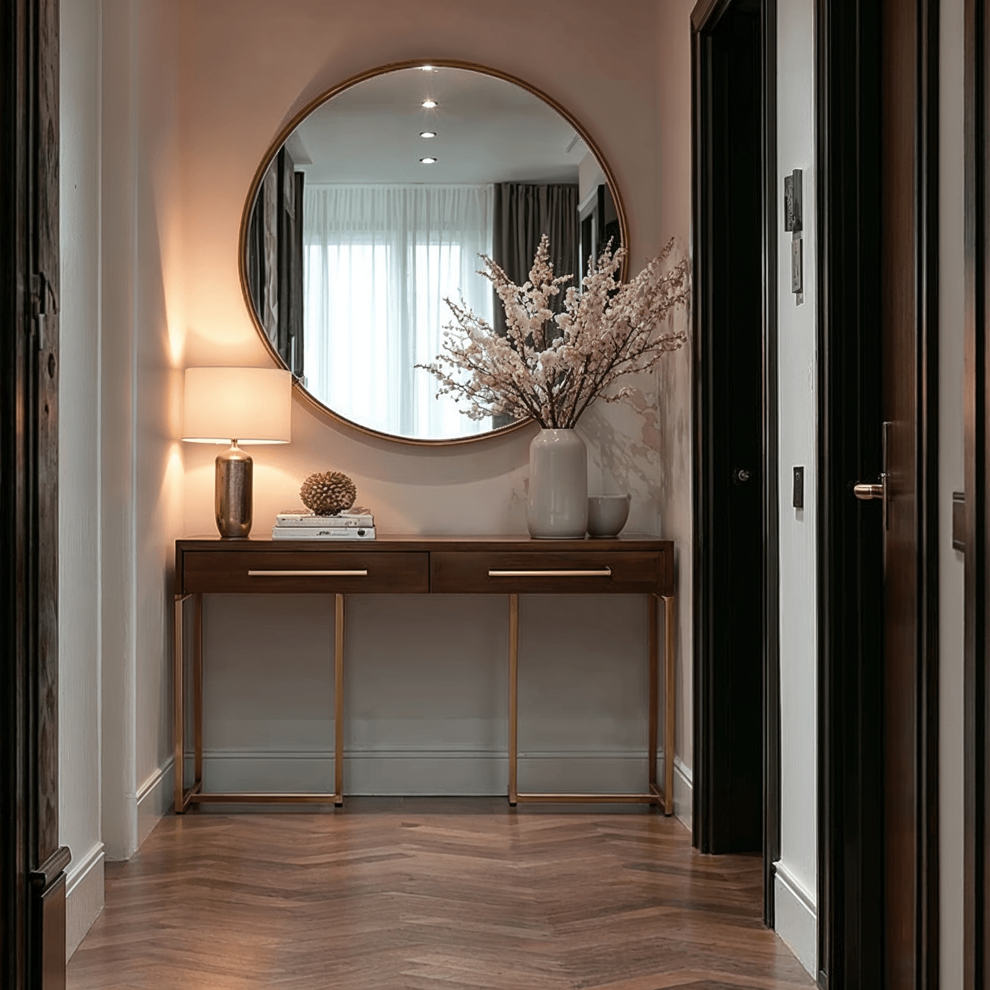 Dark Wood Console Table with Herringbone Detail