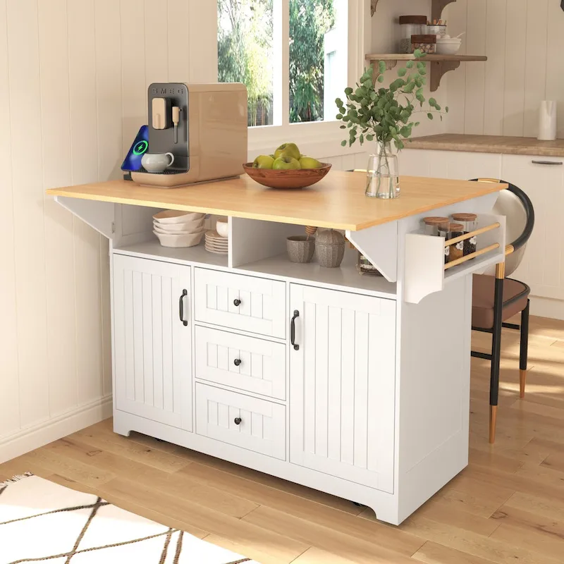 Rolling Kitchen Island with 2 Drop Leaves, Black/White, Seats 4�C6