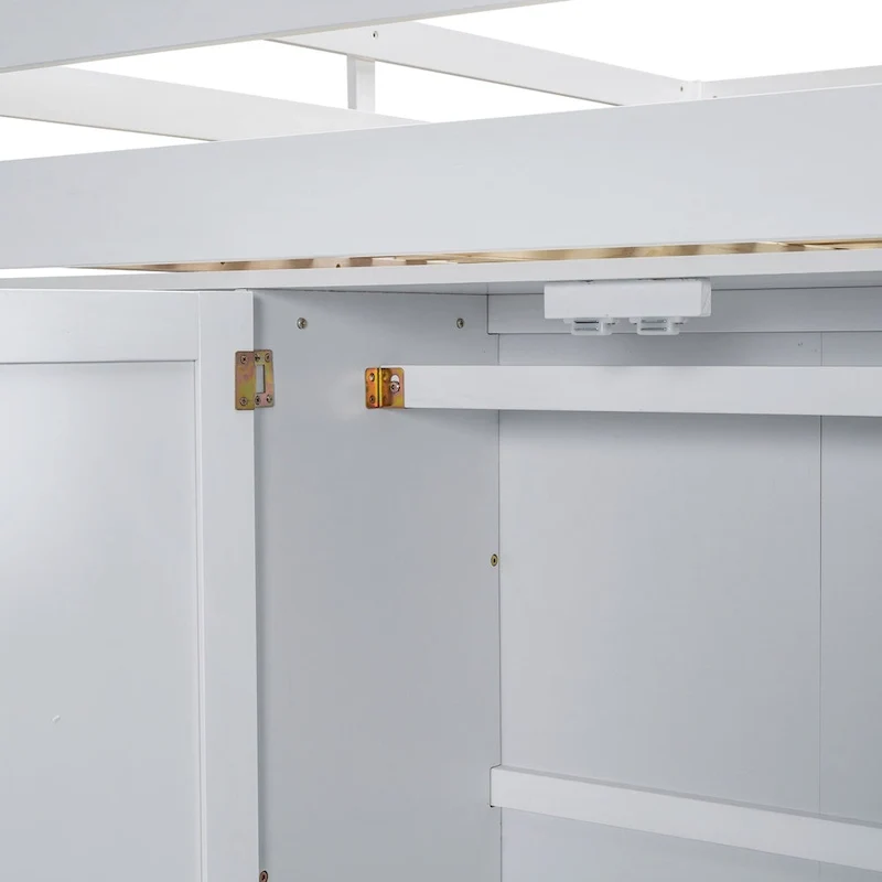 White Full Size Solid Wood Loft Bed with Wardrobe, Desk, Shelves and Drawers
