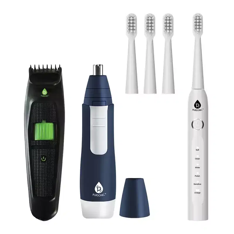 Pursonic GroomSmart Trio Bundle  USB Rechargeable Electric Toothbrush, Beard & Body Trimmer, and Nose & Ear Hair Trimmer