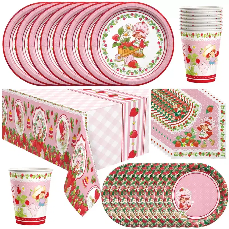 Treasures Gifted Strawberry Shortcake Birthday Party Supplies - Tableware Deluxe Set for 24 Guests - Plates, Cups, Tablecloth & Napkins
