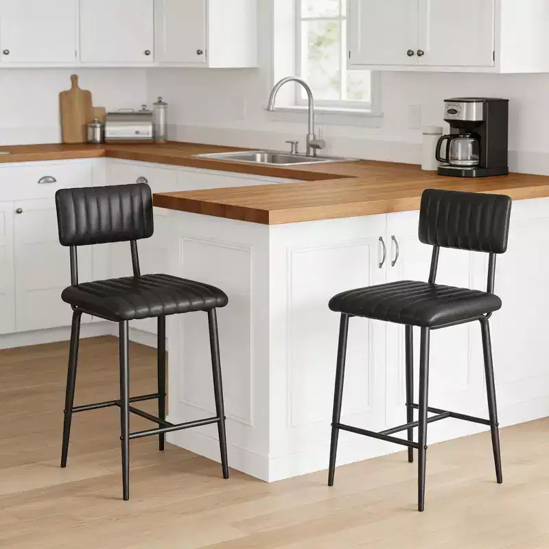 Bar Stools with Thick Cushion, High Back, Footrest and Reinforced Steel Frame, 25.6" Seat Height