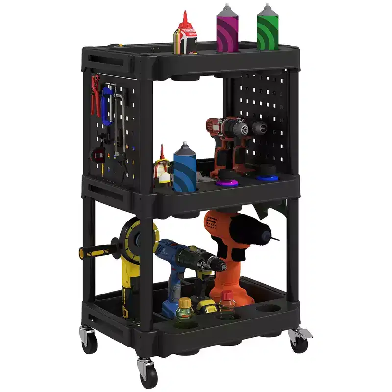 HOMCOM 3-Tier Rolling Tool Cart with Wheels, 200 LBS Capacity Plastic Utility Cart with Side Shelves for Garage, Workshop
