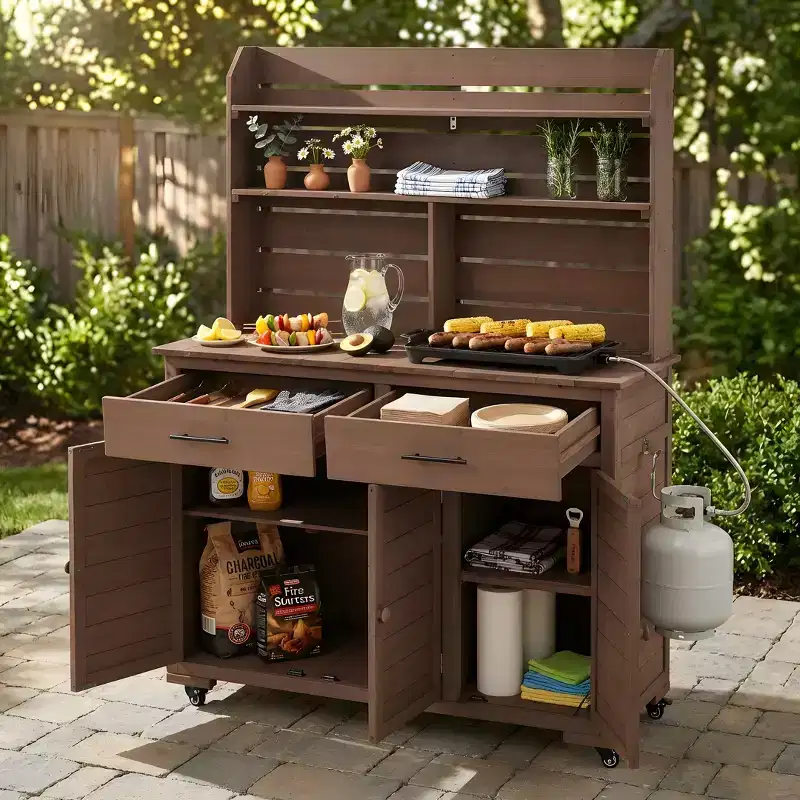 65H Large Garden Potting Bench, Wood Outdoor Kitchen Island Prep Cart with Lockable Wheel, Hutch Top, Storage Cabinet - ModernLuxe
