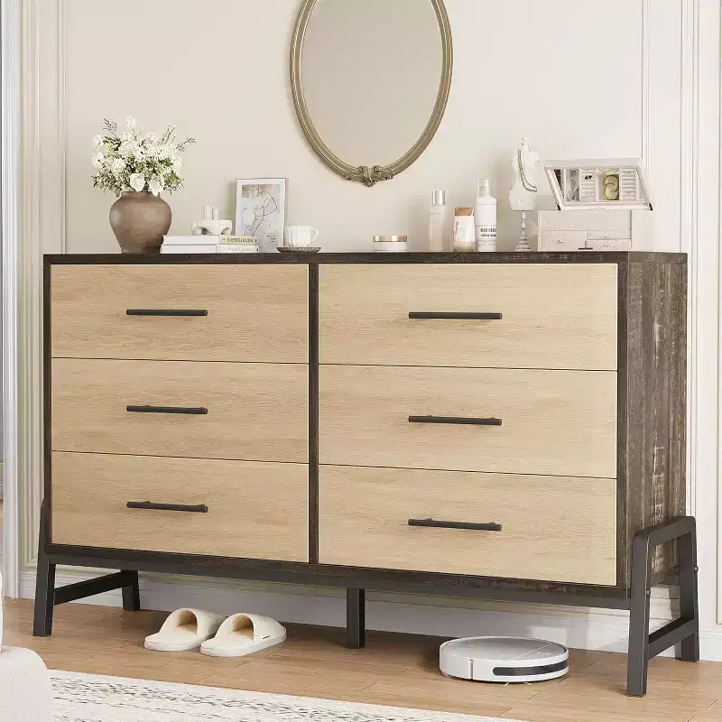 6-Drawer Wide Dresser, Large Storage Wood Cabinet, Freestanding Closet Organizer for Bedroom Living Room Entryway