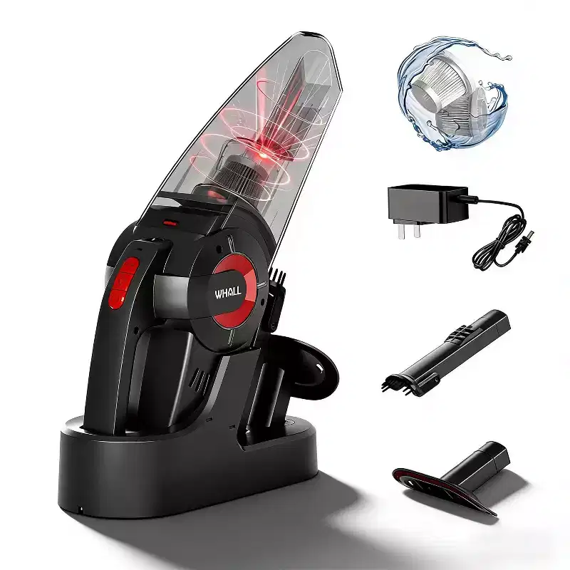 WHALL Handheld Cordless Car Vacuums, Wet and Dry Use 9KPa Strong Suction Vacuums, Rechargeable Portable Vacuum Cleaner with LED, Charging Dock, Red
