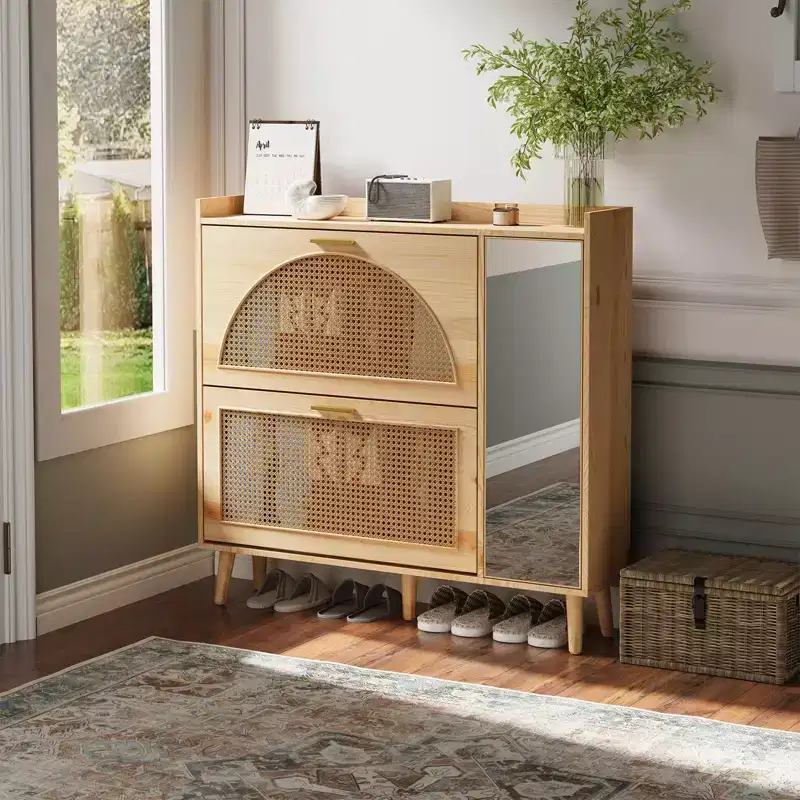 Rattan Shoe Cabinet with 2 Flip Drawers & Mirror, Freestanding Shoe Rack Cabinet with Adjustable Shelves, Perfect for Entryway, Closet, Hallway
