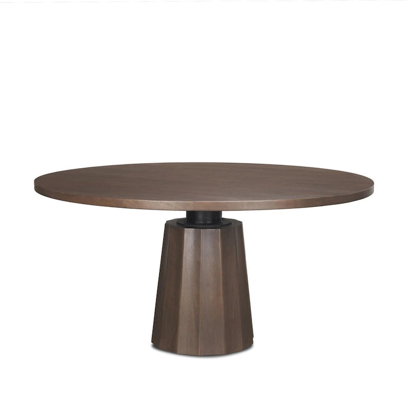 60-Inch Round Pedestal Dining Table &ndash; Dark Brown, Solid Mango Wood, Scalloped Base, Matte Black Iron Neck, Classic Style