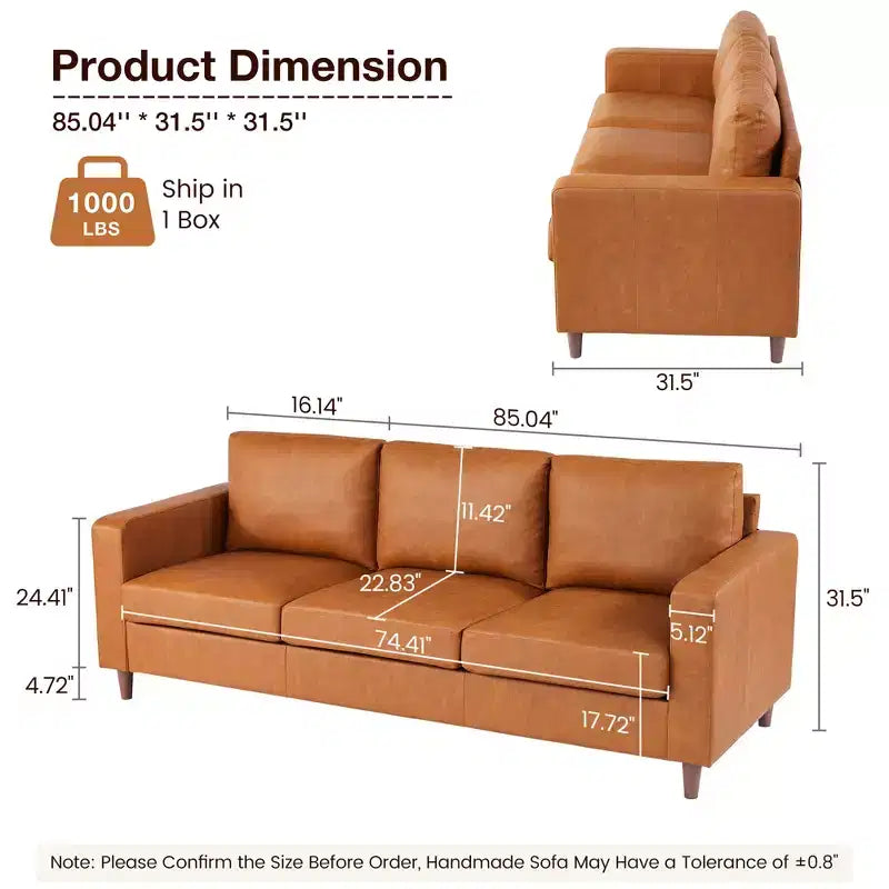 85 Sofa Couch, Mid Century Modern Sofas, 3-Seater Faux Leather Deep Seat Small Sofa, with Comfy Cushions, for Living Room, Bedroom, Office