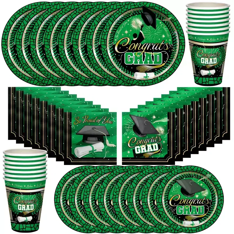 Treasures Gifted Green Graduation Party Tableware Classic Set for 16 Guests