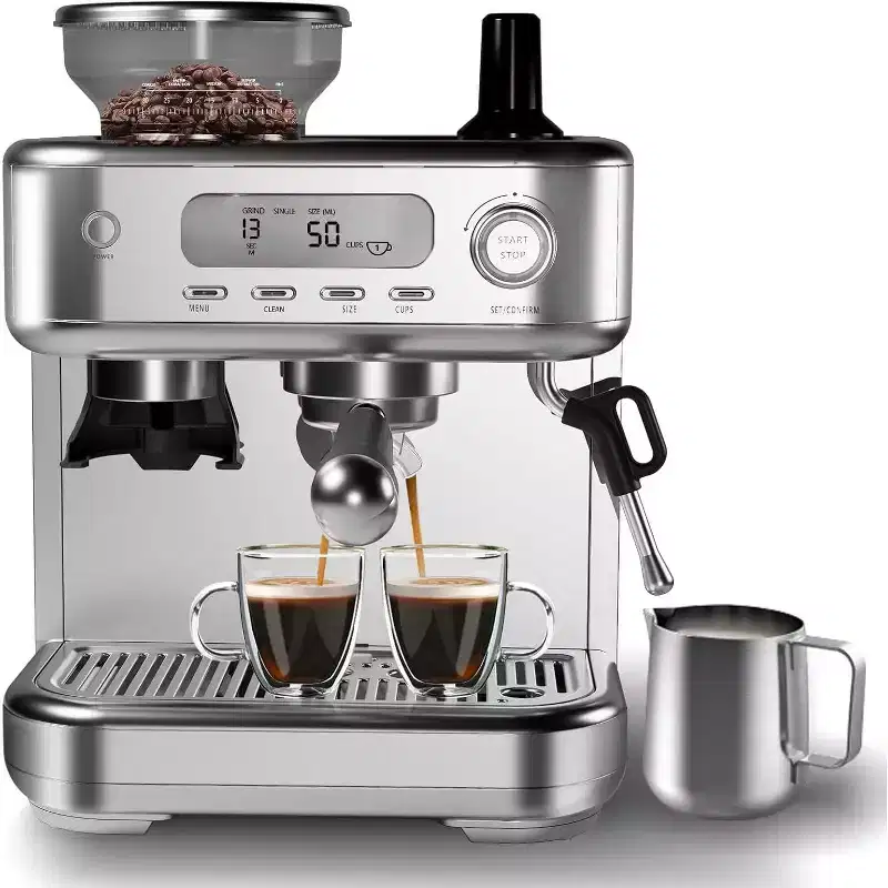 Acekool Espresso Machine with PID & Display, 15 Bar Semi Automatic Coffee Maker, Stainless Steel, Built-in Grinder & Steam Wand for Latte, Cappuccino