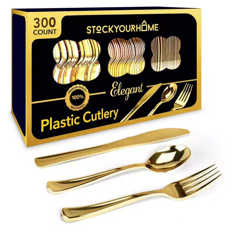 Stock Your Home 300-Pack Gold Plastic Cutlery Set- 100 Forks, 100 Knives, 100 Spoons