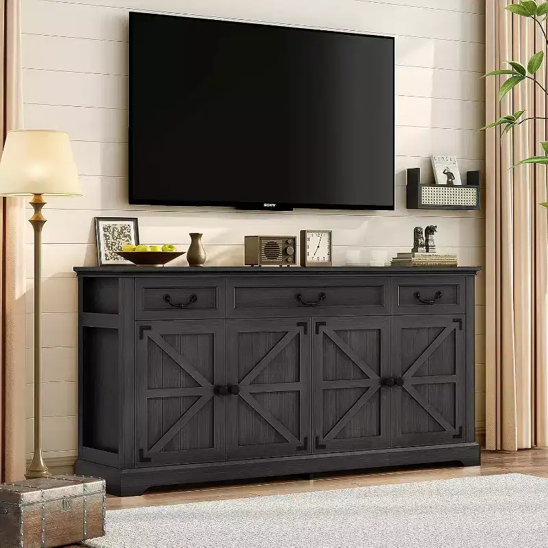 65" Large Buffet Storage Cabinet, Farmhouse Kitchen Cutlery Cabinet Buffet, 3 Drawers and 4 Doors, Living Room Storage Cabinet