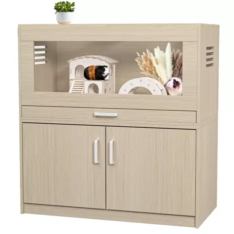 NAYSAYE Hamster Cage with Independent Storage Cabinet and Easy View Acrylic Panels for Chinchillas Guinea Pigs and Rats, Beige, 31.5*15.7*33.5