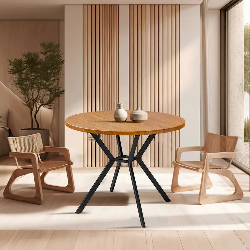 Modern Farmhouse Style 38.6" Round Dining Table with Pedestal Cross Metal Legs