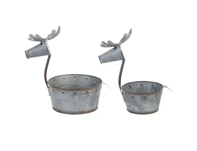 Napco Galvanized Silvertone Deer 12.25 x 8.25 Metal Decorative Christmas Planter, Set of 2