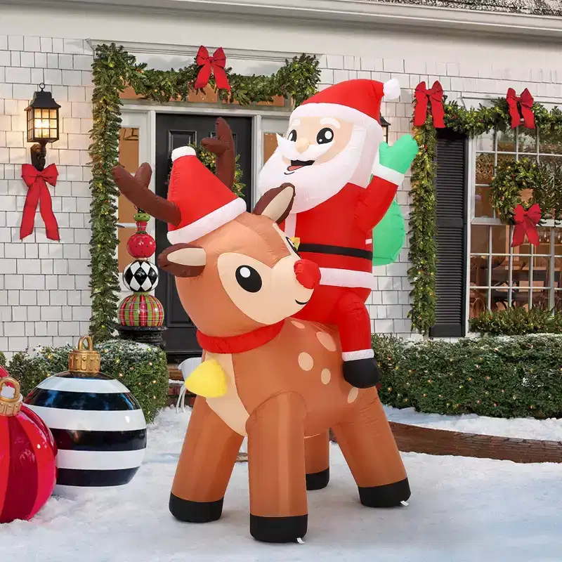 7FT Christmas Decorations Outdoor - Inflatable Santa Claus with Reindeer & 5 LED Lights
