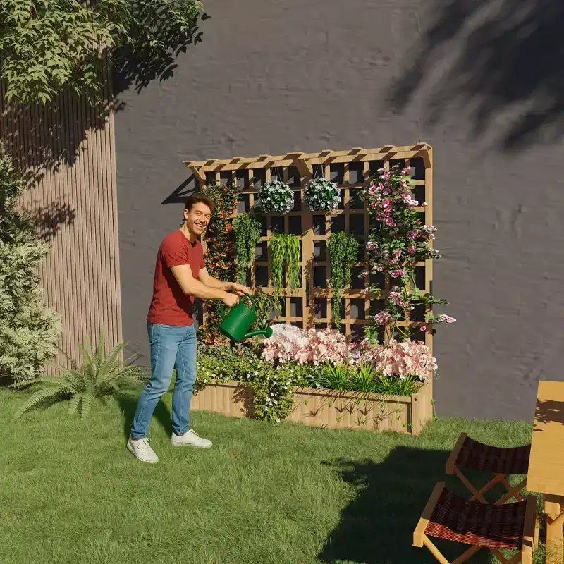 COZONY 49 Wood Planter Box with Trellis & Roof, 2-Tier 1.4ft Deep Raised Garden Bed with 8 Drainage Holes for Climbing Plants, Veggies & Flowers