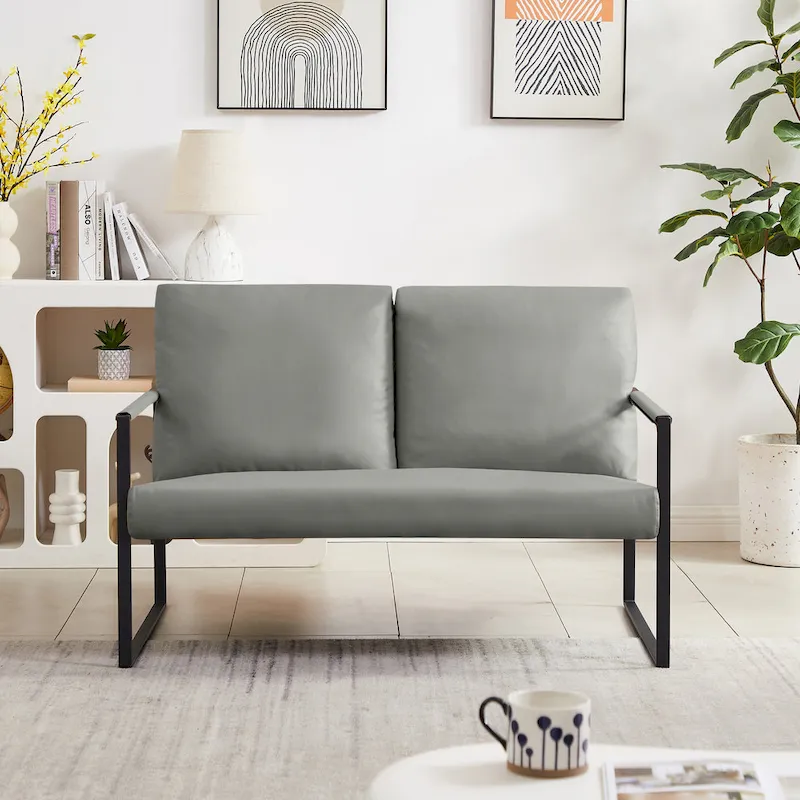 PU Leather Accent Armchair with Padded Backrest &ndash; Grey / Light Brown / Orange, Seats 1
