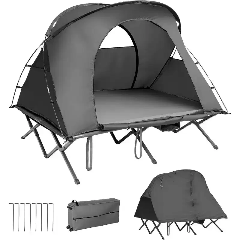 Gymax 2-Person Camping Cot Tent Folding Tent Bed W/ Waterproof External Cover Self-Inflating Mattress & Carrying Bag Portable Elevated Tent Green/Gray