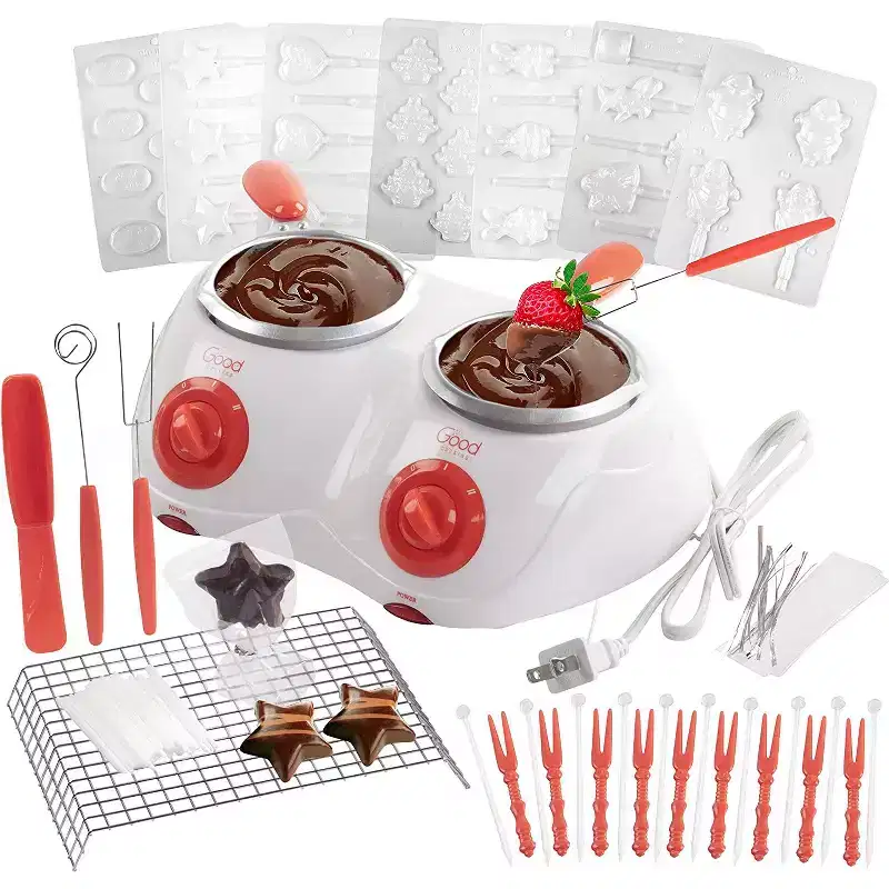 Dual Electric Chocolate Fondu Melting Pot Gift Set - Candy Making or Cheese Fondue Fountain Kit w 30 Free Accessories including Molds, Trays, Forks,