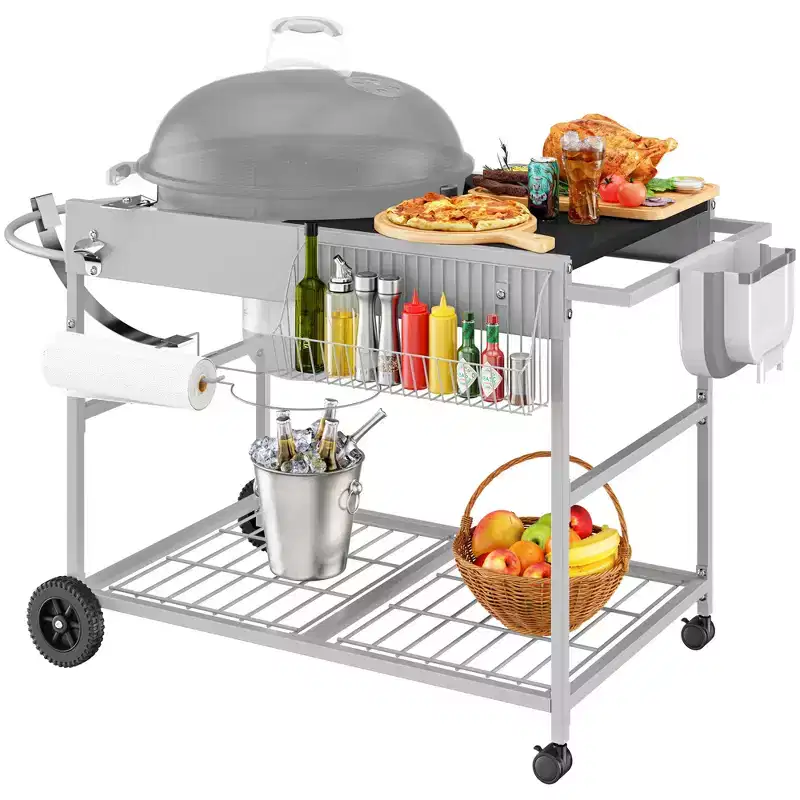 Celebalcony Grill Table for Weber 22 & 18 Original Kettle, Outdoor Grill Cart with Wheels, Movable Outdoor Prep Table Cooking Station, Sliver