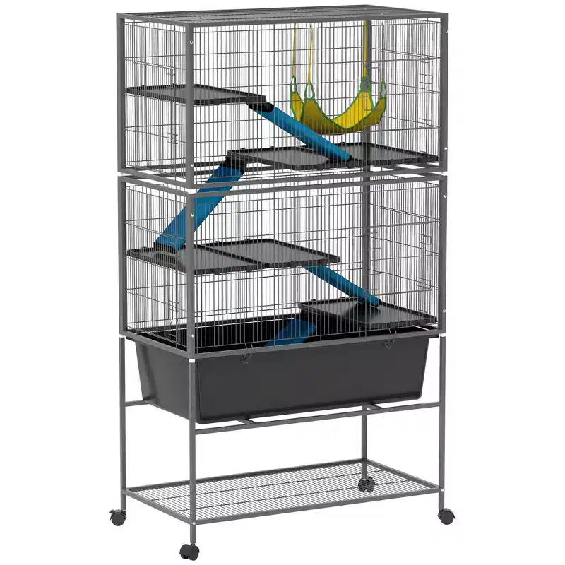 PawHut 59 5-Level Small Animal Cage, Rolling Ferret Chinchilla Cage with Slide Out 6.3 Deep Tray, Non-Slip Cloth Covered Ramps, Hammock, Dark Gray