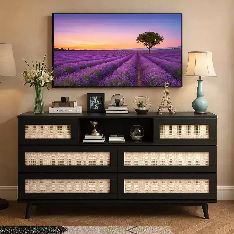 Modern Rattan Dresser with LED Lighting and Charging Station, 6-Drawer Chest