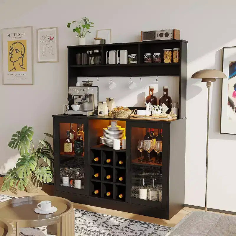 47Inch Wine Bar Cabinet, Liquor Cabinet Kitchen Coffee Bar Storage, Storage Buffet for Home Office Dining Room, Black