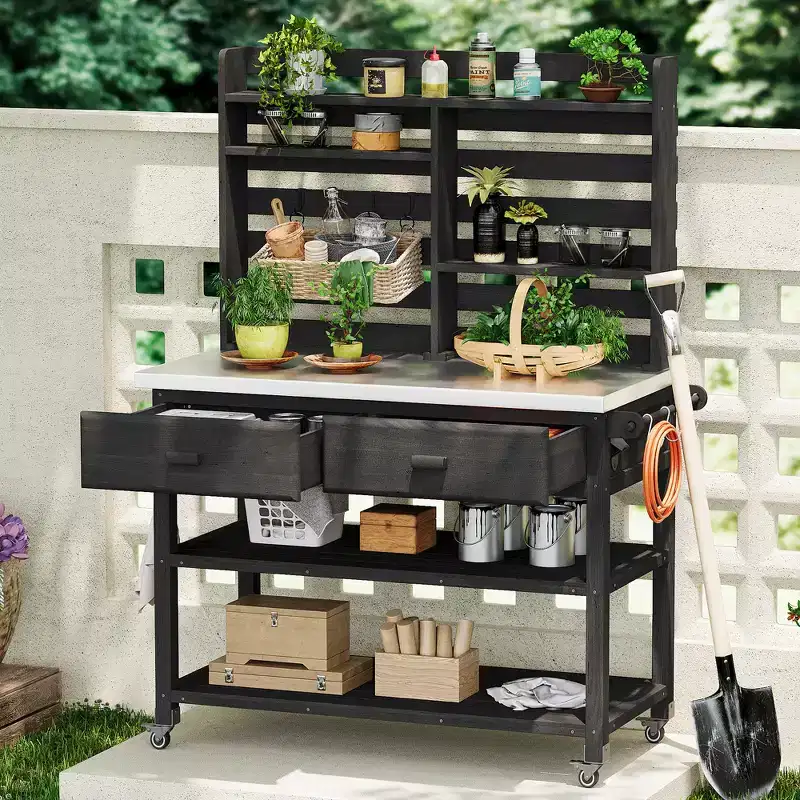 GDFStudio Inaya Rolling Outdoor Potting Bench with Upper Hutch, Stainless Steel Top
