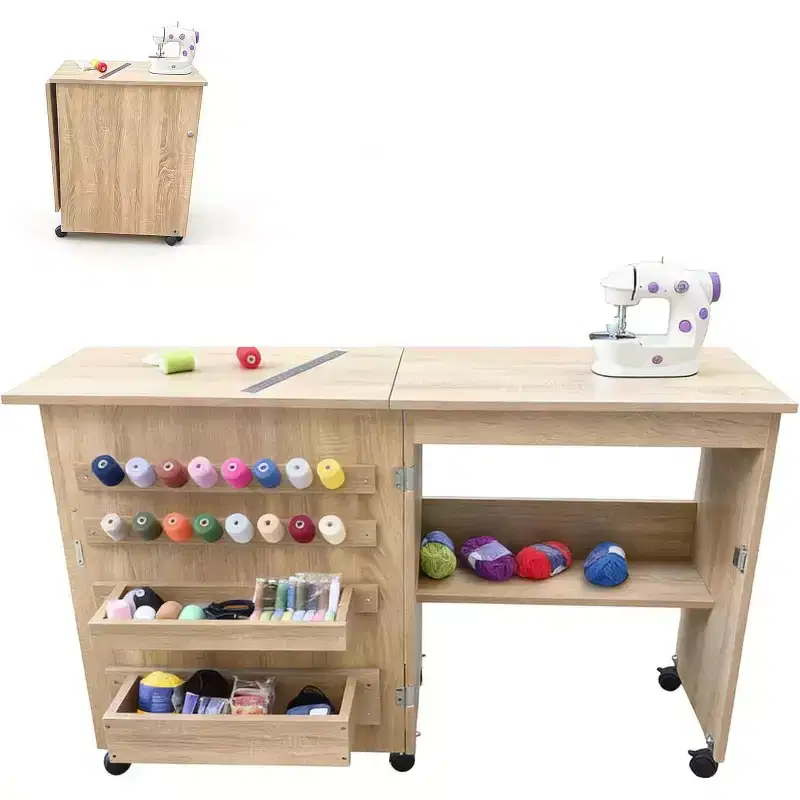 Folding Sewing Table, Multipurpose Sewing Machine Table with Compact Design, Wheels, Shelves, Storage Trays, Wooden Pegs, and Magnetic Doors
