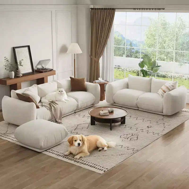 Sofa Set, Modular Chenille Cloud Couch Deep Seat Boneless Sofa for Small Space Living Room/Office White