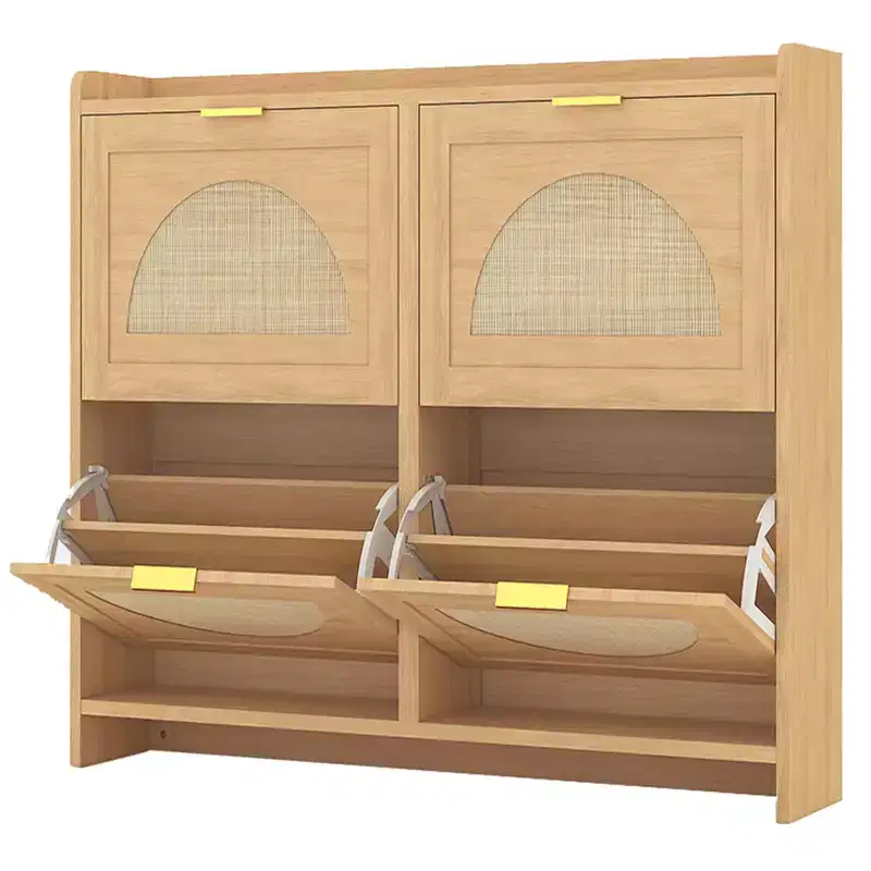 Shoe Cabinet, Entryway Cabinet  Rattan 4-Tier Cabinet with Flip Drawers Space-Saving for Hallway/Furniture