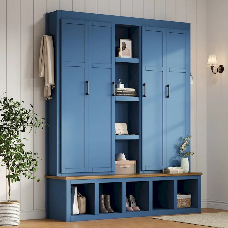 Black / White / Blue Farmhouse Hall Tree with Shoe Cabinet, Bench, Hooks and Open Shelves for 1&ndash;2 Person